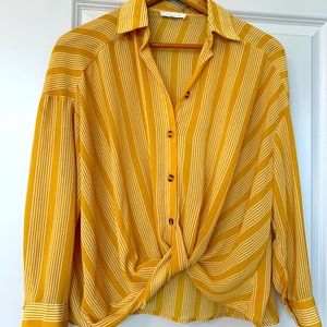 Mustard button down blouse with twist -70s vibe